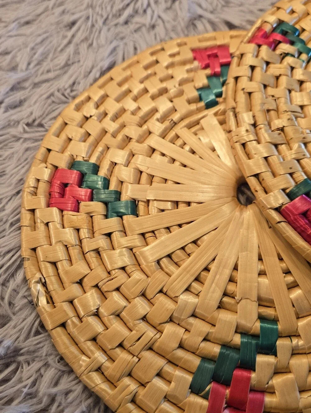 Vintage Trivets Handwoven Round Rattan Coasters with Red & Green Accents